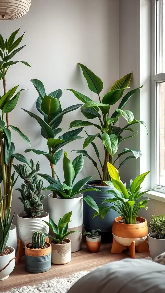 21 Inspiring Plant-Filled Bedroom Ideas to Transform Your Space 2 A vibrant plant corner in a bedroom with various potted plants of different sizes and shapes.