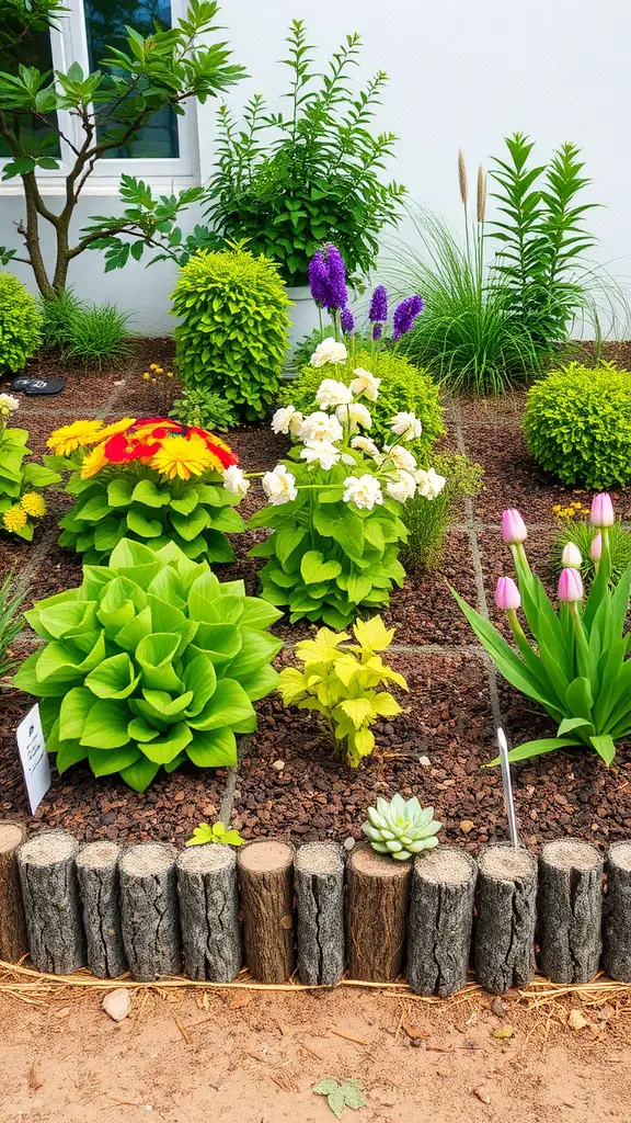 A vibrant front yard garden featuring colorful flowers and lush greenery surrounded by mulch and a log border.