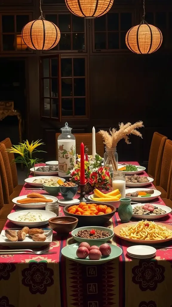 A beautifully arranged dining table showcasing a fusion of cultural dishes, decorated with lanterns and a vibrant tablecloth.