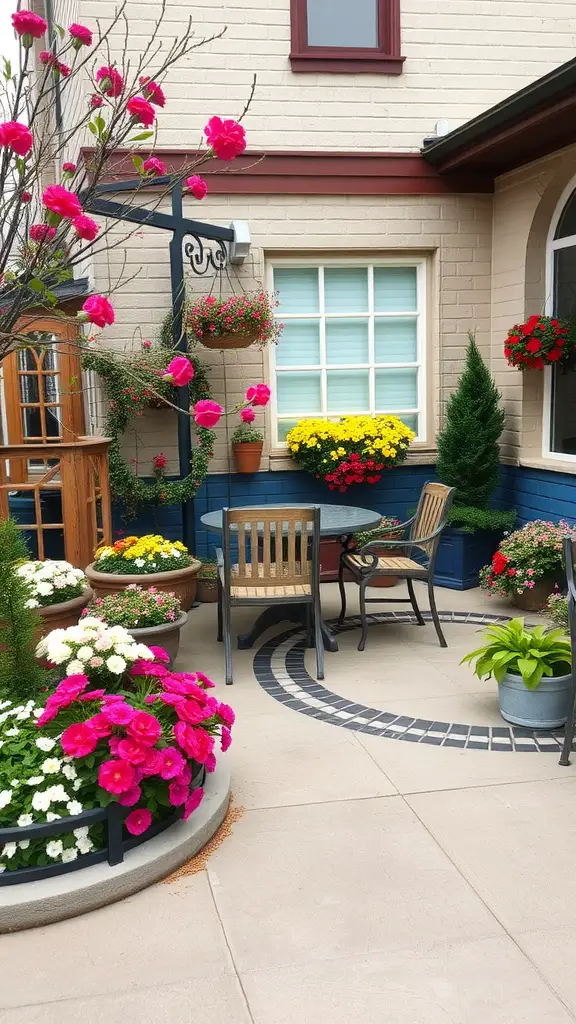 17 Creative Curved Flower Bed Ideas to Enhance Your Garden 11 A cozy outdoor seating area with curved flower beds filled with vibrant flowers.