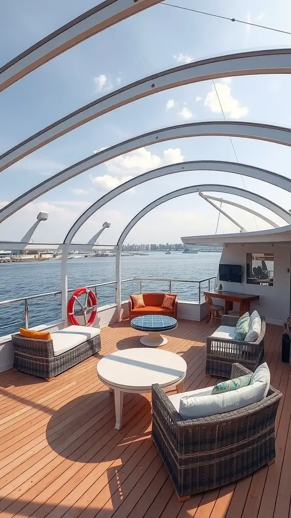 A stylish deck with a curved roof, seating area, and views of the water.