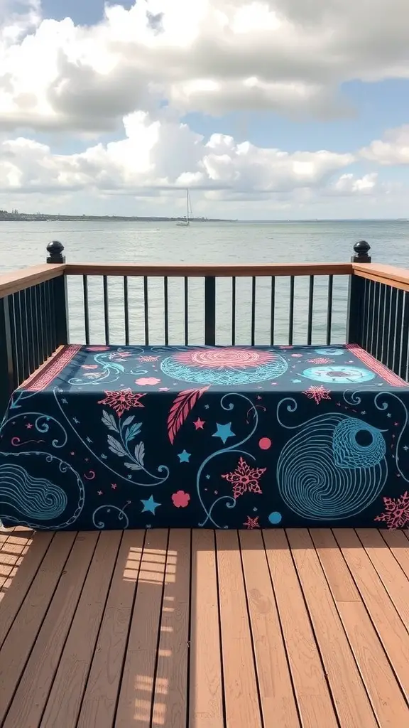 Colorful custom artwork used as skirting on a deck, featuring intricate designs.