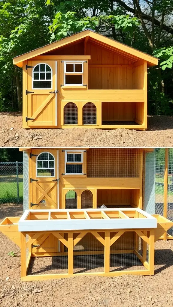 Customizable modular chicken coop design with wooden structure and connected run area.