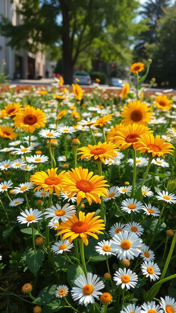 A vibrant flower bed with yellow sunflowers and white daisies