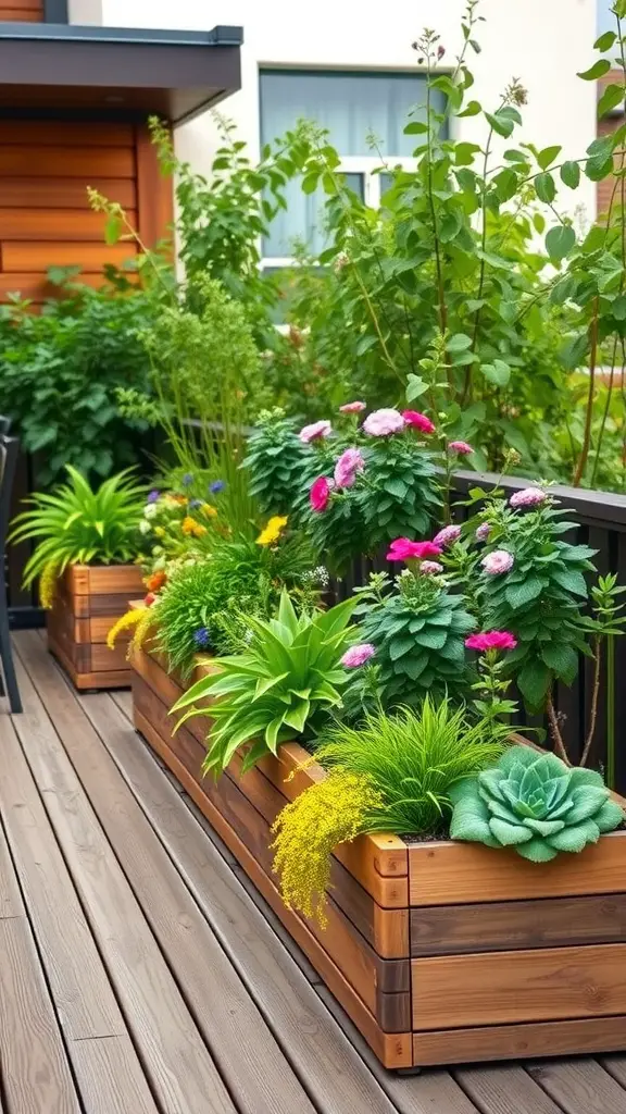 Deck with built-in wooden planters filled with colorful plants and flowers