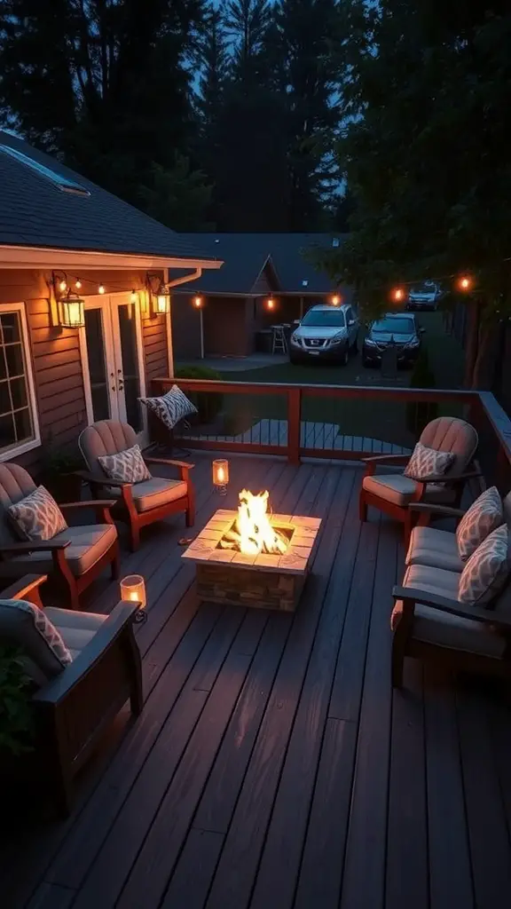 A cozy deck layout featuring a fire pit surrounded by comfortable seating and soft lighting.
