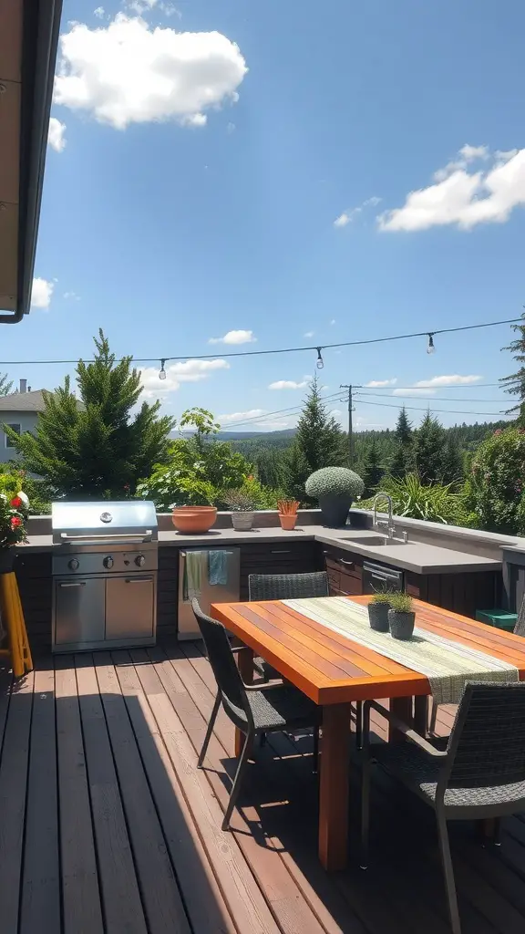 An outdoor kitchen setup on a sunny deck featuring a grill, a dining table, and potted plants.
