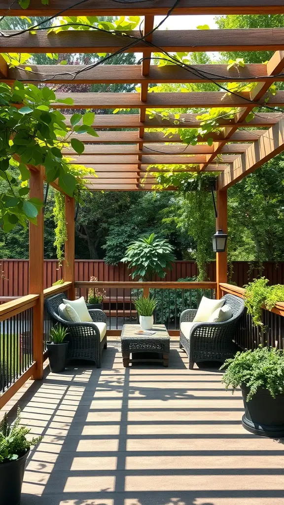 Cozy deck featuring a wooden pergola with greenery, wicker furniture, and potted plants.