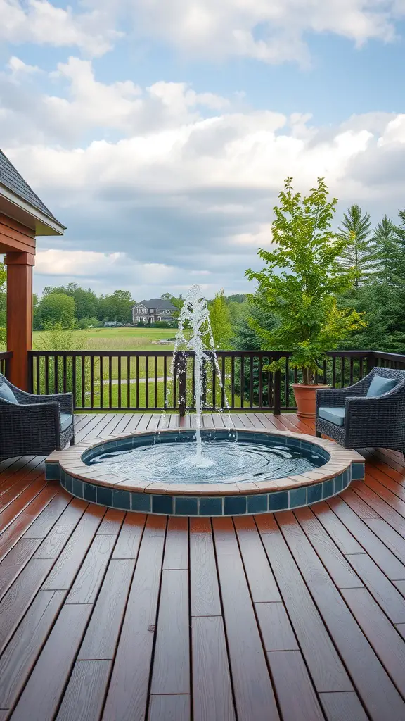 Deck featuring a hot tub with a fountain and comfortable seating, surrounded by greenery.