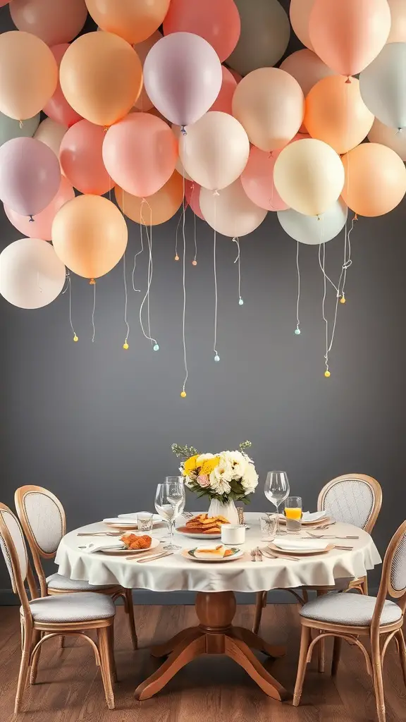 25 Stunning Mother's Day Brunch Ideas and Décor Tips 4 A beautifully set table with soft-colored balloons hanging overhead, featuring a floral centerpiece and brunch items.