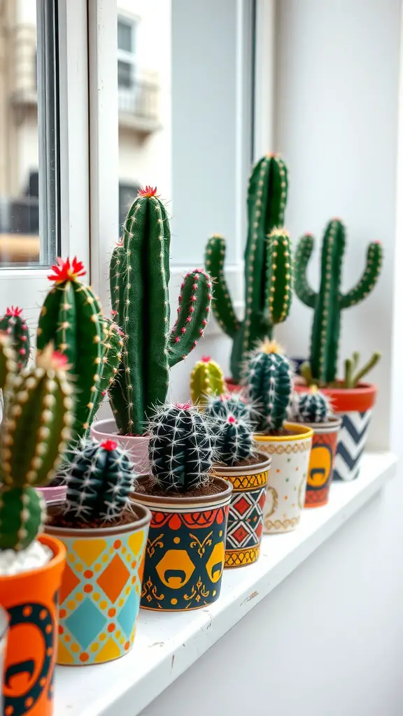 21 Stylish Decor Ideas with Fake Plants 5 A collection of decorative cacti in colorful pots on a windowsill