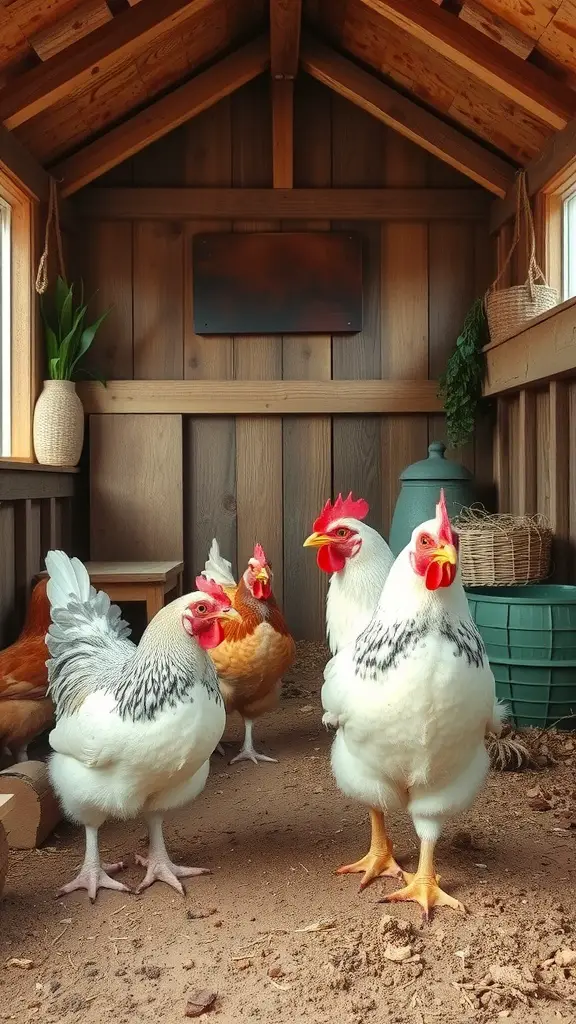 19 Creative Inside Chicken Coop Ideas for Happy Hens 10 Chickens in a rustic chicken coop with wooden walls and decorative elements