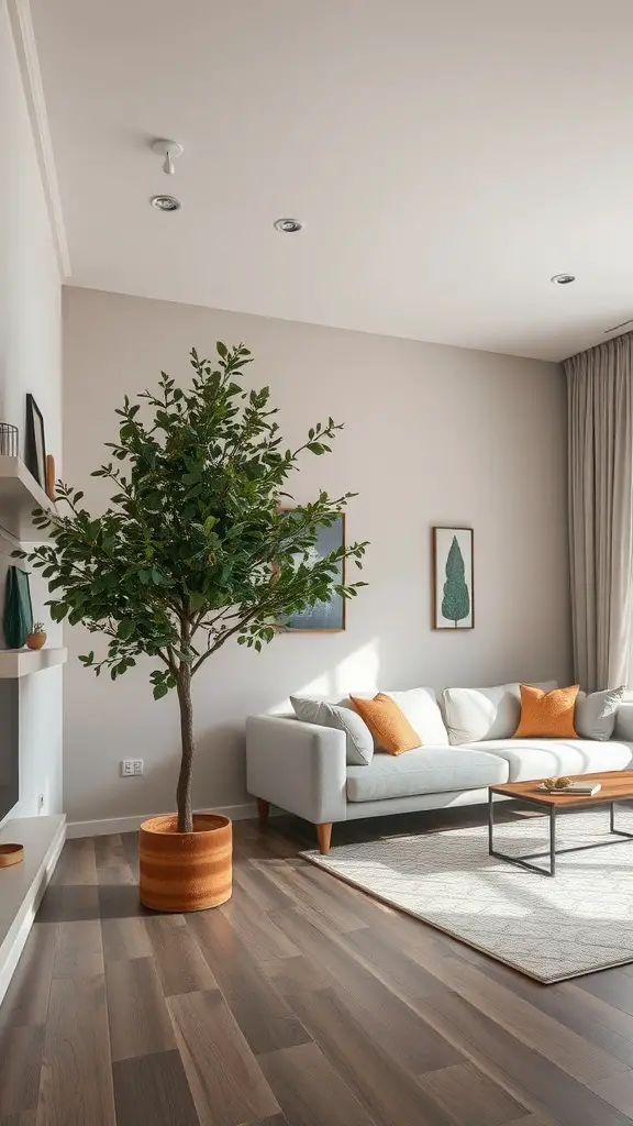 21 Stylish Decor Ideas with Fake Plants 14 A cozy living room with a decorative fake tree near a sofa, showcasing a vibrant pot and a warm atmosphere.