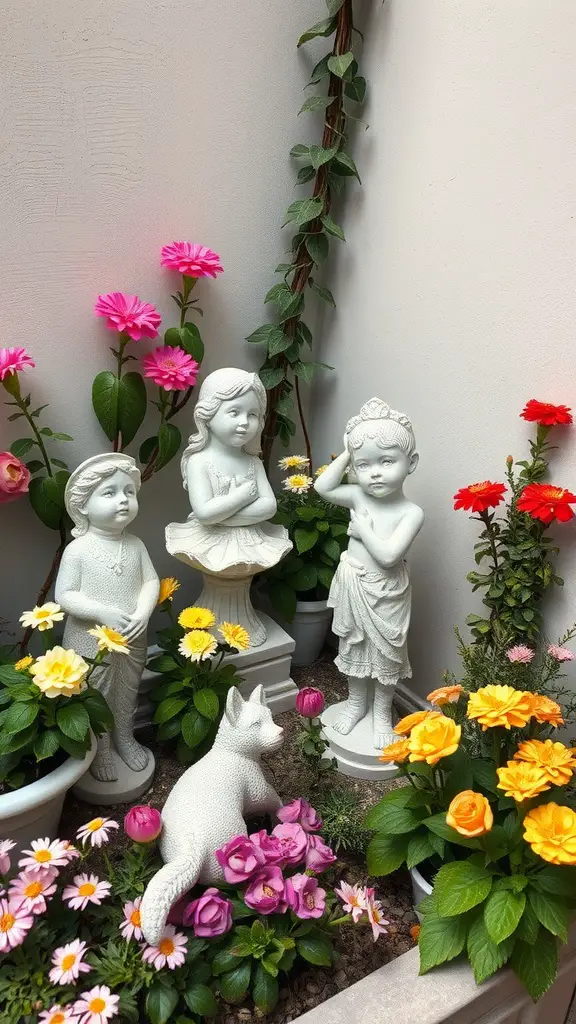Three decorative white garden statues of children surrounded by colorful flowers and a cat statue