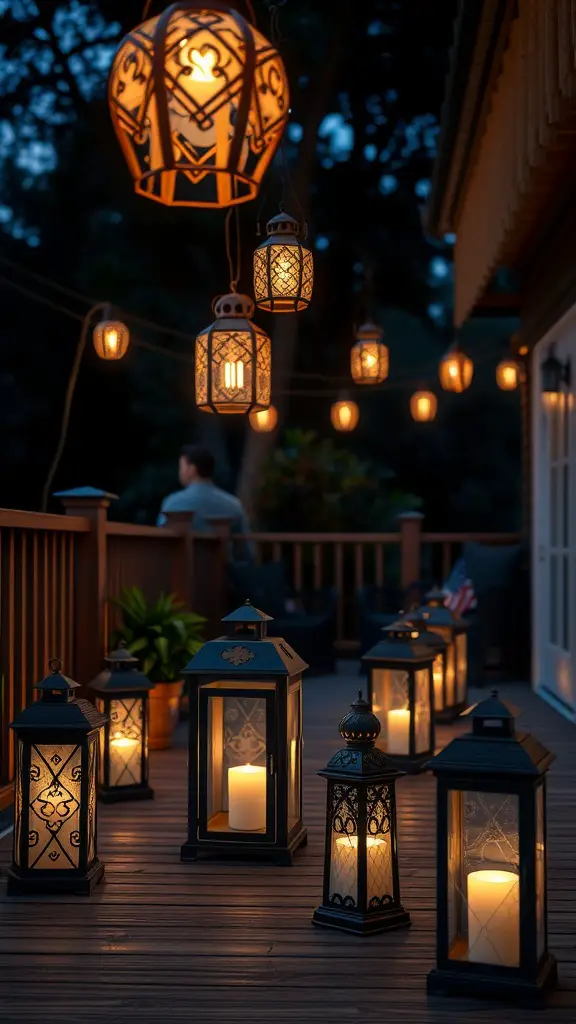 An outdoor deck decorated with various decorative lanterns casting warm light during the evening.