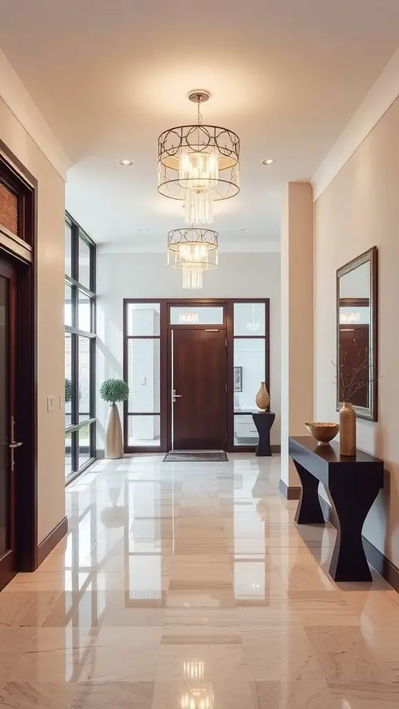 A modern foyer featuring decorative LED fixtures, showcasing sleek design and elegant lighting.