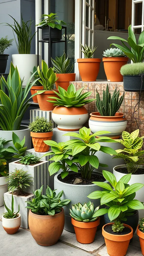 27 Unique and Creative Mother’s Tongue Plant Ideas for Your Home 7 A display of mother tongue plants in various decorative pots arranged on steps.
