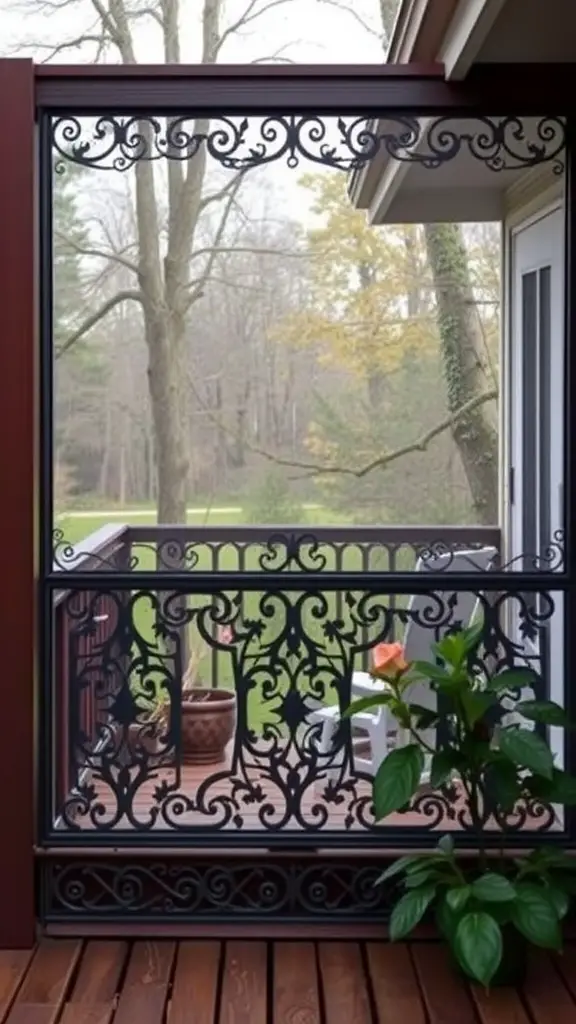 A decorative screen on a deck, featuring intricate metalwork, with a view of trees and a potted plant.