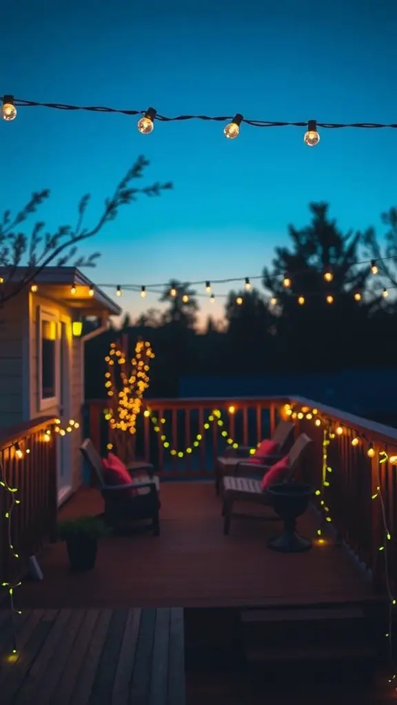 A small deck beautifully decorated with string lights, creating a cozy ambiance during twilight.