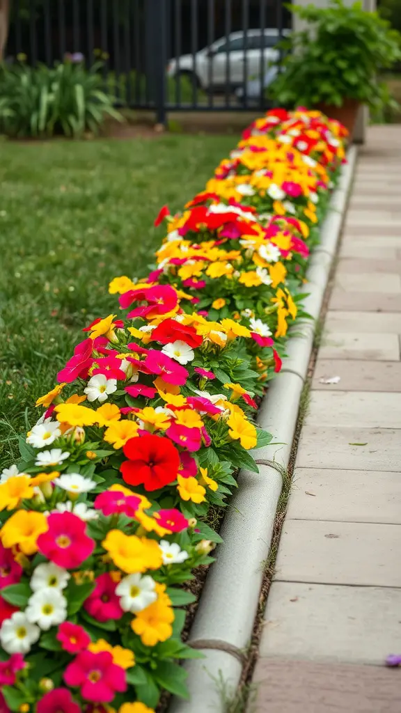 A vibrant row of potted petunias in red, yellow, and pink lining a patio, with green grass in the background.