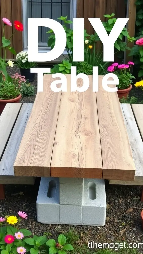 A DIY table made of wooden planks supported by cinder blocks, surrounded by colorful flowers.