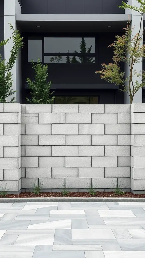 A modern concrete block fence in front of a contemporary house with greenery and a paved area.