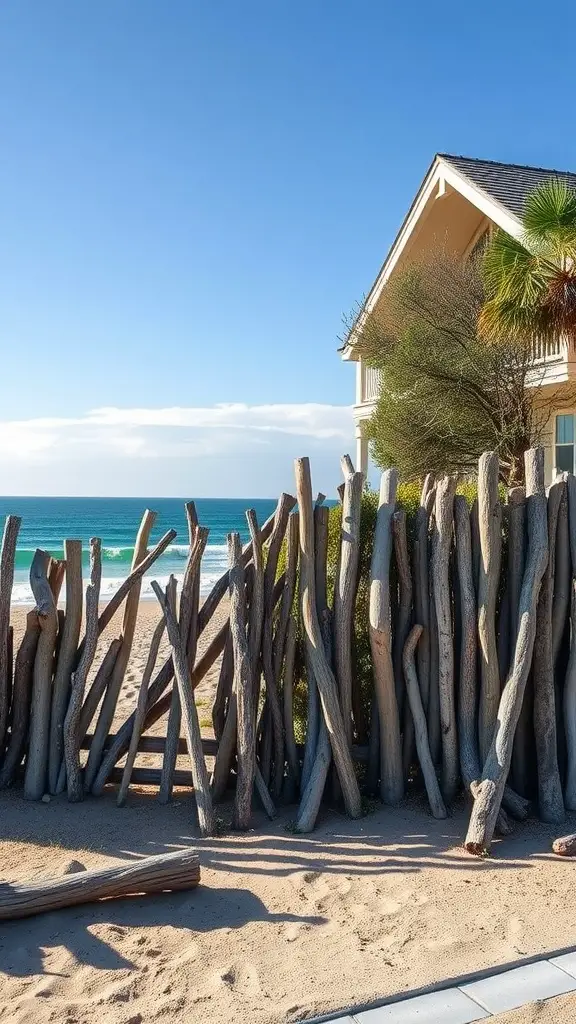 A rustic driftwood fence along a sandy beach, with a house in the background and waves in the distance.