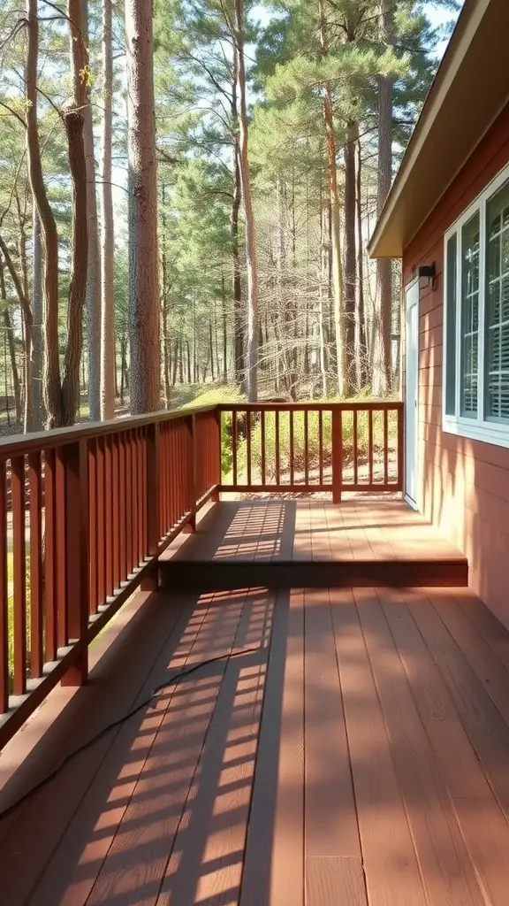 A wooden deck stained in earthy chestnut color with trees in the background.