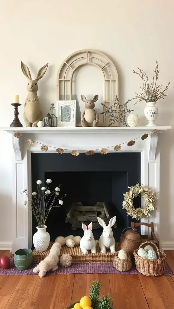 21 Easter Mantels Fireplaces That Will Wow Your Guests! 23 Easter mantel decorated with vintage and modern decor, featuring bunnies and natural elements.