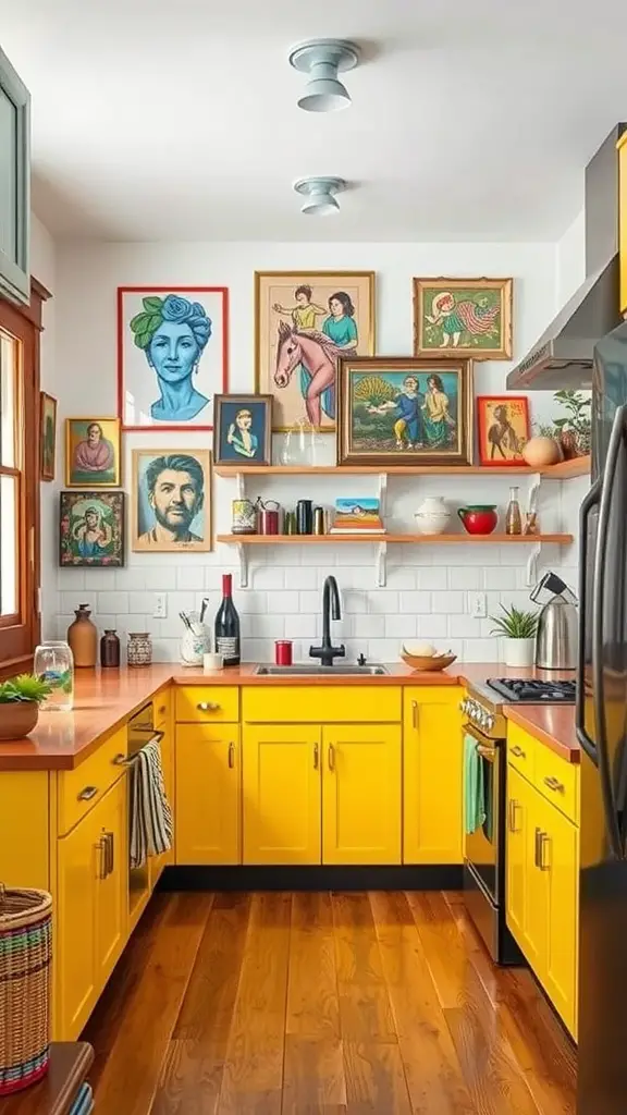 25 Stunning Yellow Kitchen Cabinet Designs to Brighten Your Space 11 A bright yellow kitchen featuring colorful artwork and wooden flooring