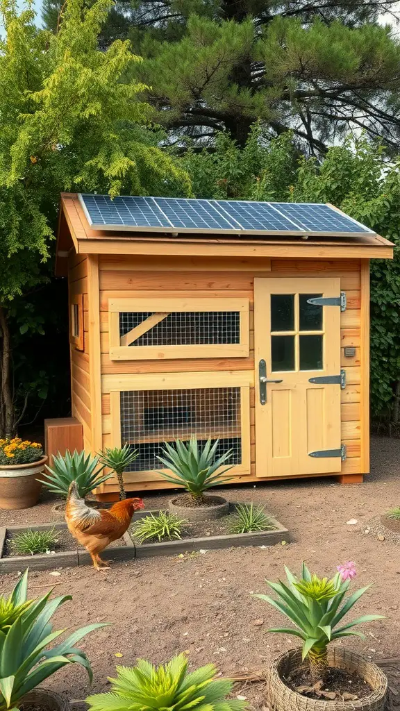An eco-friendly chicken coop with solar panels surrounded by greenery and plants