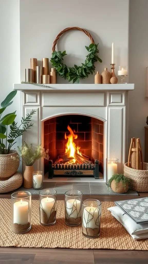 17 Charming Spring Fireplace Decor Ideas with TV Integration 12 A cozy spring fireplace decor featuring candles, plants, and natural elements.