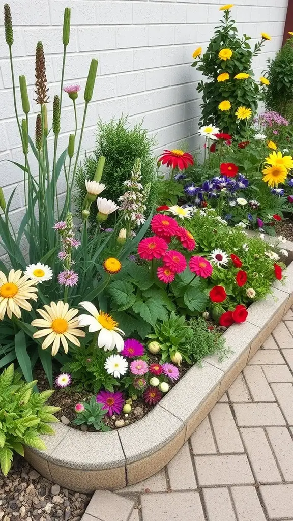 A colorful corner flower bed featuring a variety of flowers, including daisies and gerbera daisies, near a wall.
