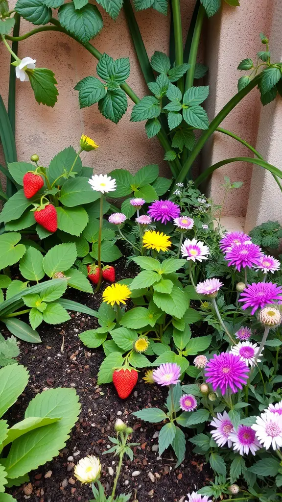 Colorful corner garden with strawberries and flowers