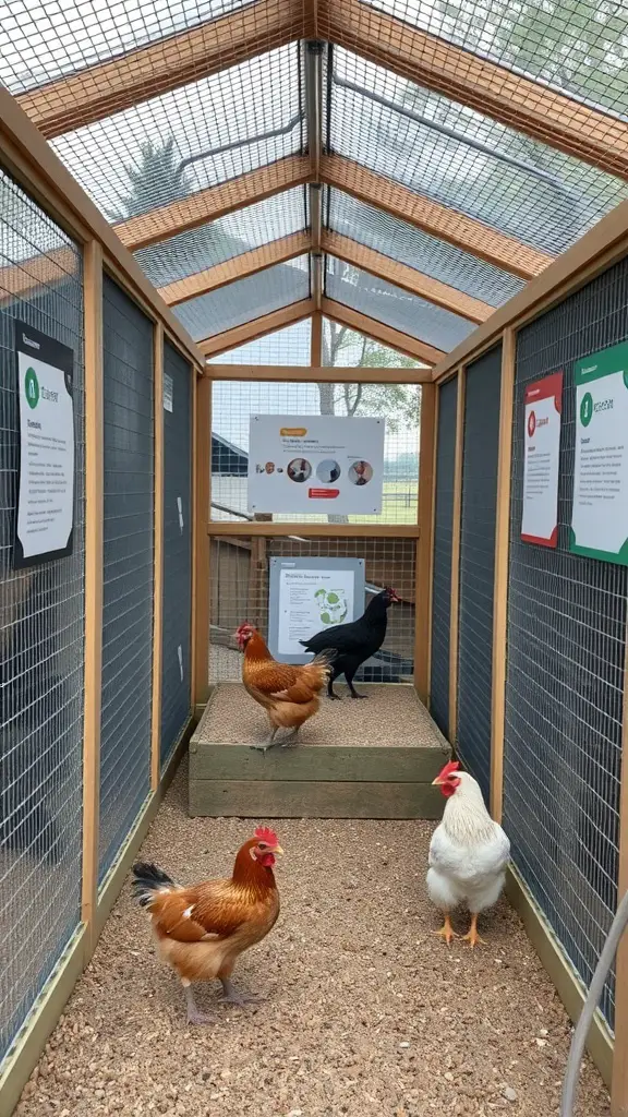 Interior view of an educational chicken coop with three chickens and informational signs on the walls.
