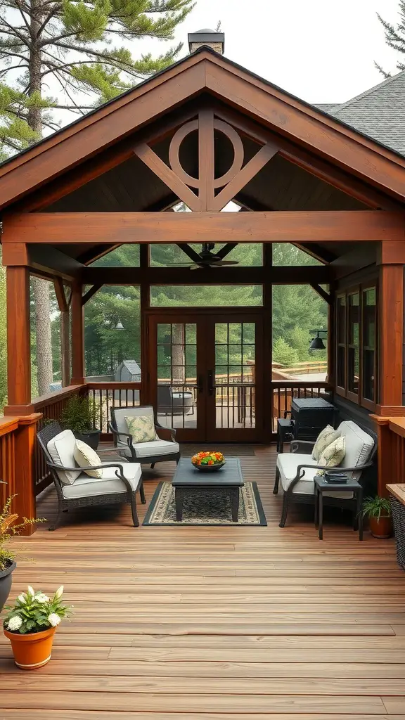 A deck with a gabled roof featuring wooden beams, comfortable seating, and a natural setting.