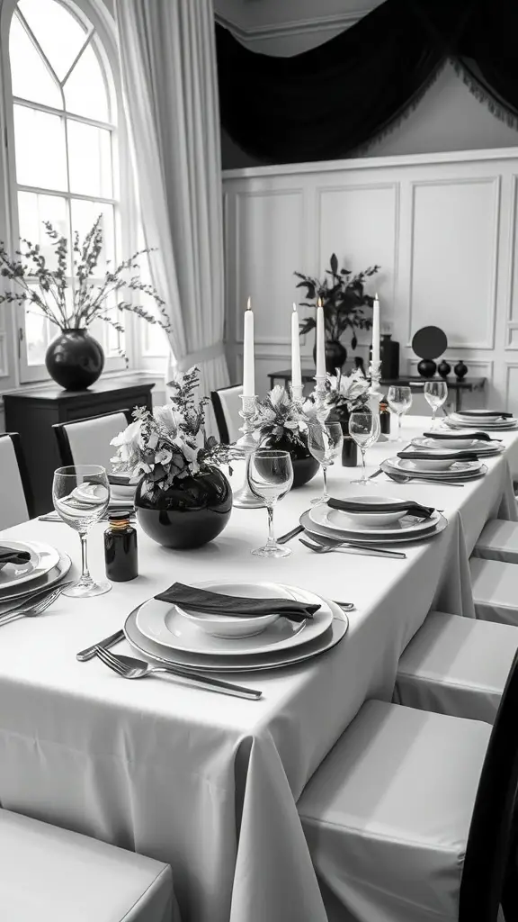 A beautifully set monochrome dining table with white tablecloth, black plates, and elegant floral arrangements.