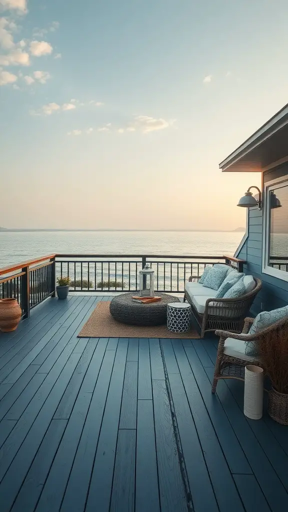 A serene deck painted in slate blue, featuring comfortable seating and a coastal view.
