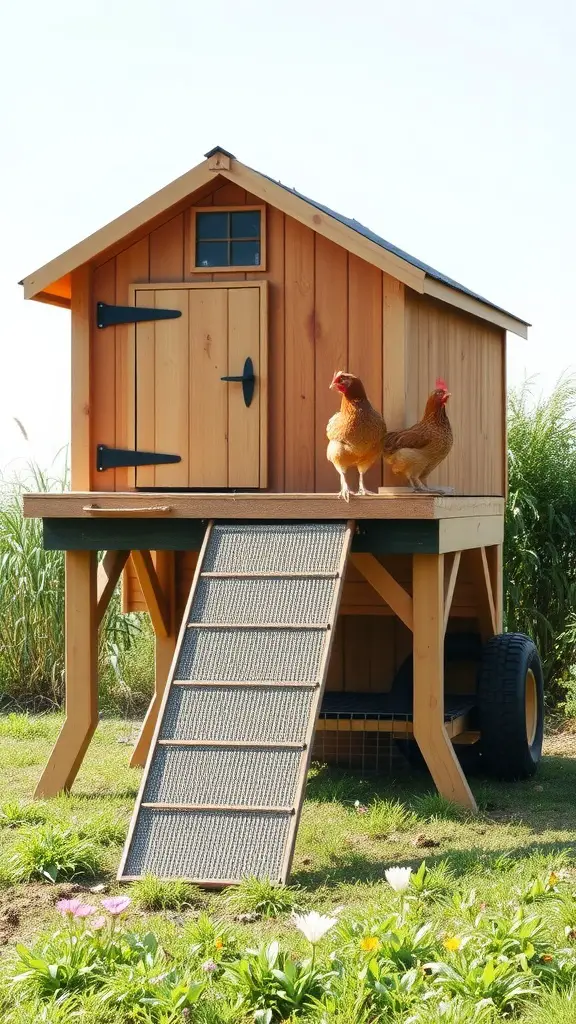 An elevated chicken coop made of wood with a ramp and two chickens in front.