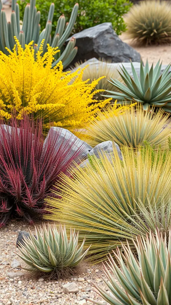 27 Stunning Ideas for Your Desert Garden Oasis 20 A colorful desert garden featuring yellow, red, and green foliage among rocks.