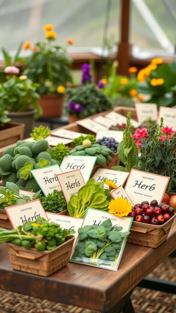27 Essential Herbs to Grow in Your Outdoor Garden 25 A beautiful arrangement of various herbs and plants with labeled pots in a garden setting.