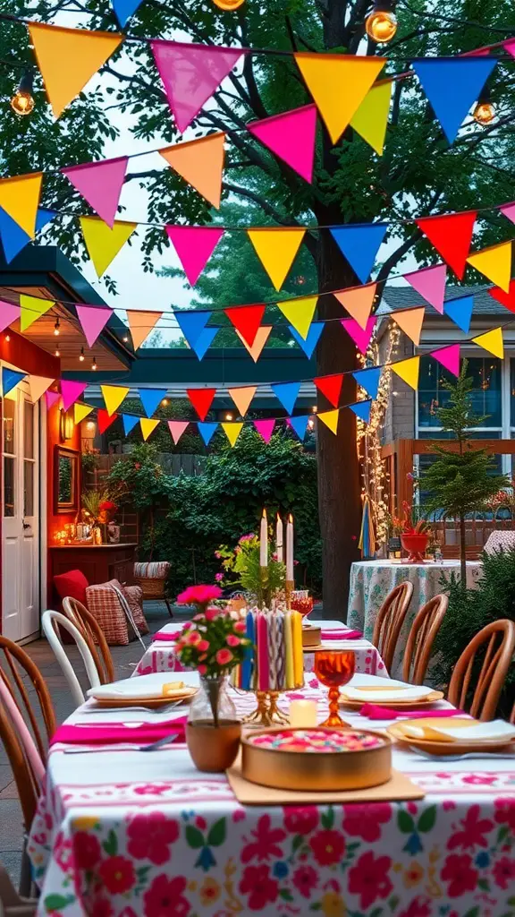 Festive outdoor dining setup with colorful bunting, floral tablecloths, and string lights.