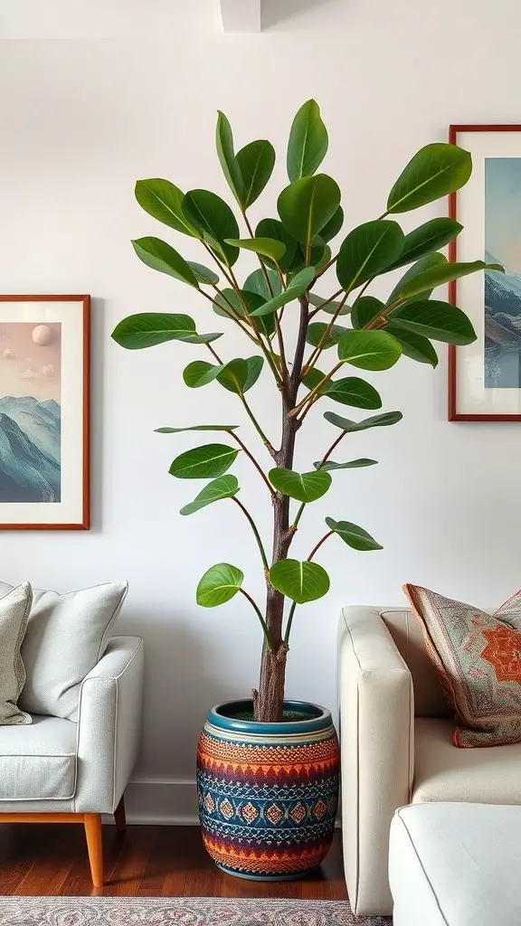 A fiddle leaf fig in a decorative pot, placed in a living room corner near a couch.