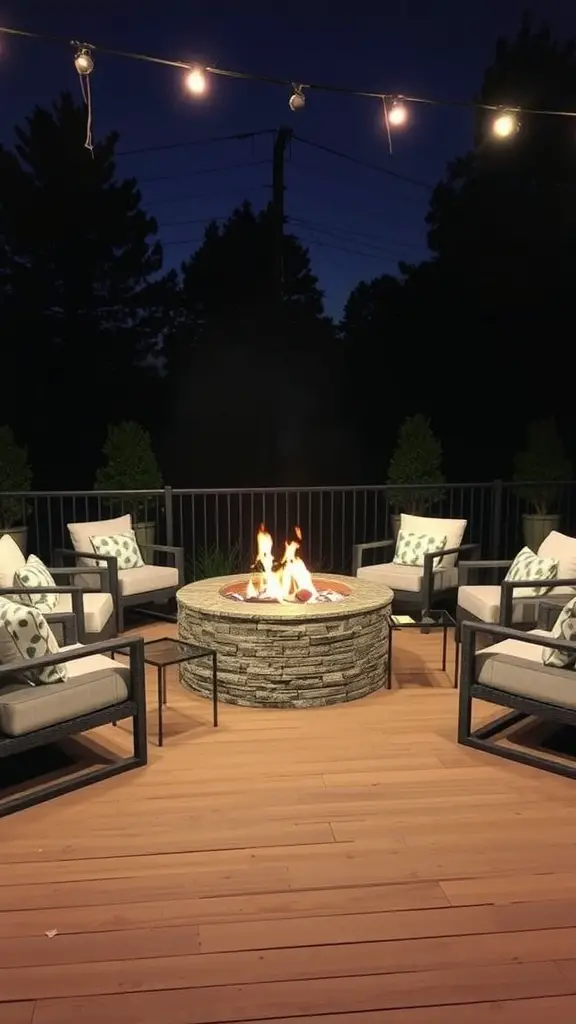 A cozy fire pit surrounded by comfortable chairs on a wooden deck, illuminated by string lights in the evening.