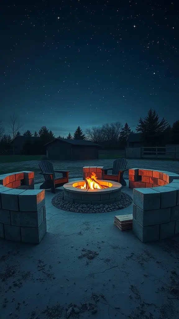 A cozy fire pit surrounded by cinder blocks and chairs, set against a starry night sky.