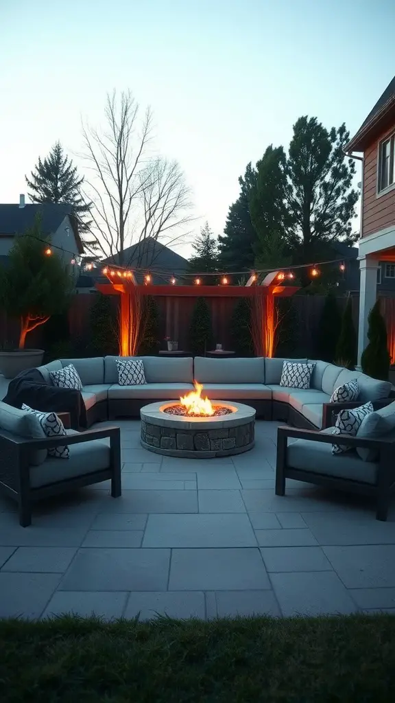 27 Creative DIY Outdoor Sectional Ideas for Your Backyard Retreat 4 Outdoor sectional seating arranged around a stone fire pit with string lights in the background.