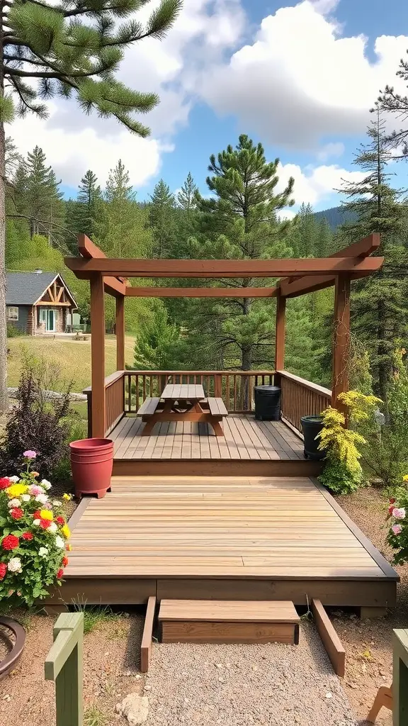 A freestanding wooden deck surrounded by trees and colorful flowers.