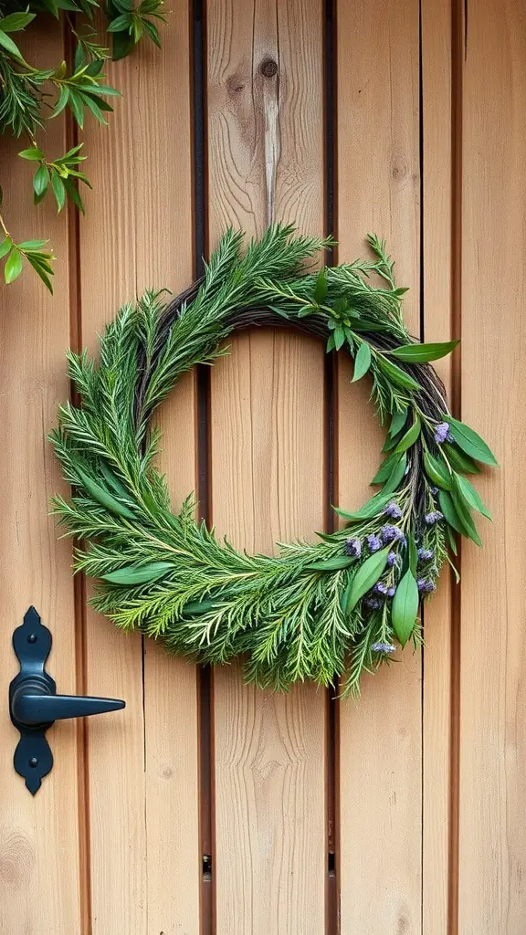 A fresh herb wreath made of various green herbs and purple flowers hanging on a wooden door.