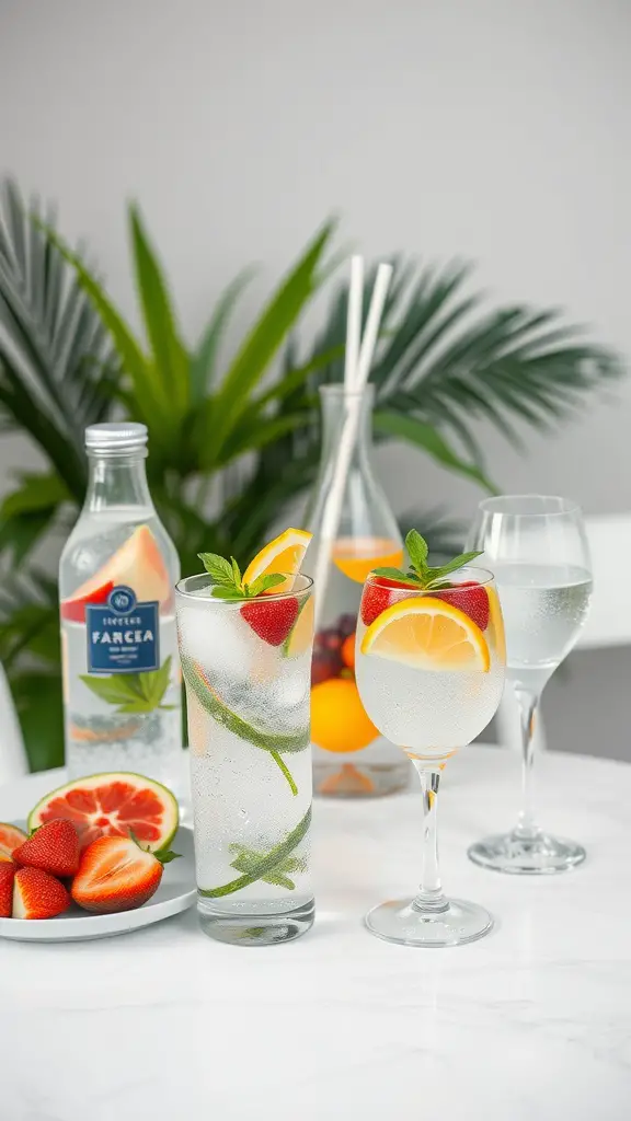 A refreshing display of fruit-infused drinks with strawberries, lemons, and mint on a table.