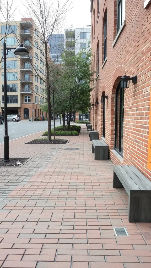 25 Stunning Brick Walkways to Enhance Your Front Door Curb Appeal 21 A brick pathway with benches on either side, leading towards a building.